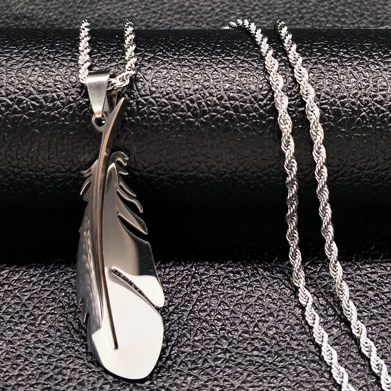 Hip Hop Feather Stainless Steel Long Necklace for Men Gold Color Male Chain Necklace Jewelry Gift colar masculino N1039-QKCS02