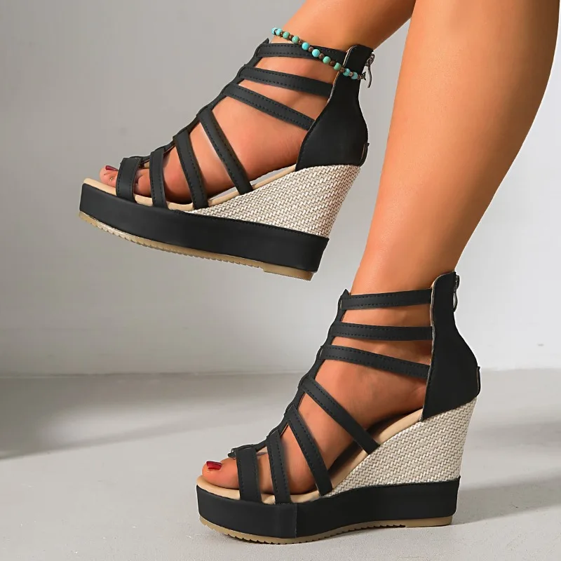 Women Sandals Summer Slope Heel Cool Boots Breathable Hollow Out Boots Fashion Roman Sandals Muffin Platform Fish Mouth Sandals