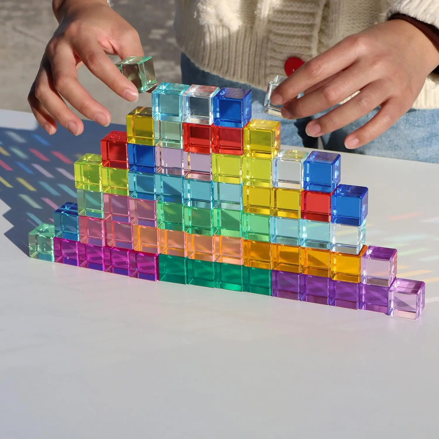 Rainbow Crystal Acrylic Cubes Children Learning Color Light Shadow Toy, Stacking Gem Blocks Sensory Building Blocks for Kids(48P