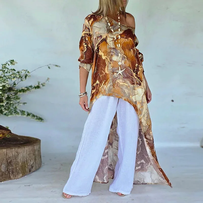 Vestido largo Irregular calado de un solo hombro para Mujer, vestido de noche holgado con estampado de textura de primavera, vestido bohemio de manga larga para Mujer