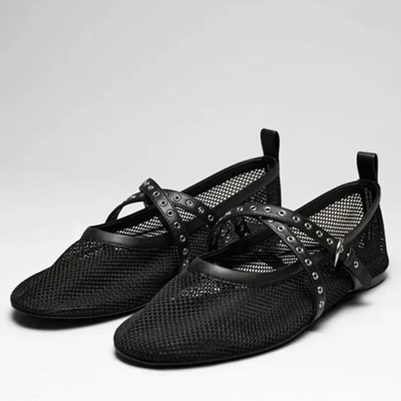 

Designer Mesh Ballet Flats Women 2025 Fashion Leather Buckle Strap Hollow Flats Summer Light Comfort Beach Sandals Mules Loafers