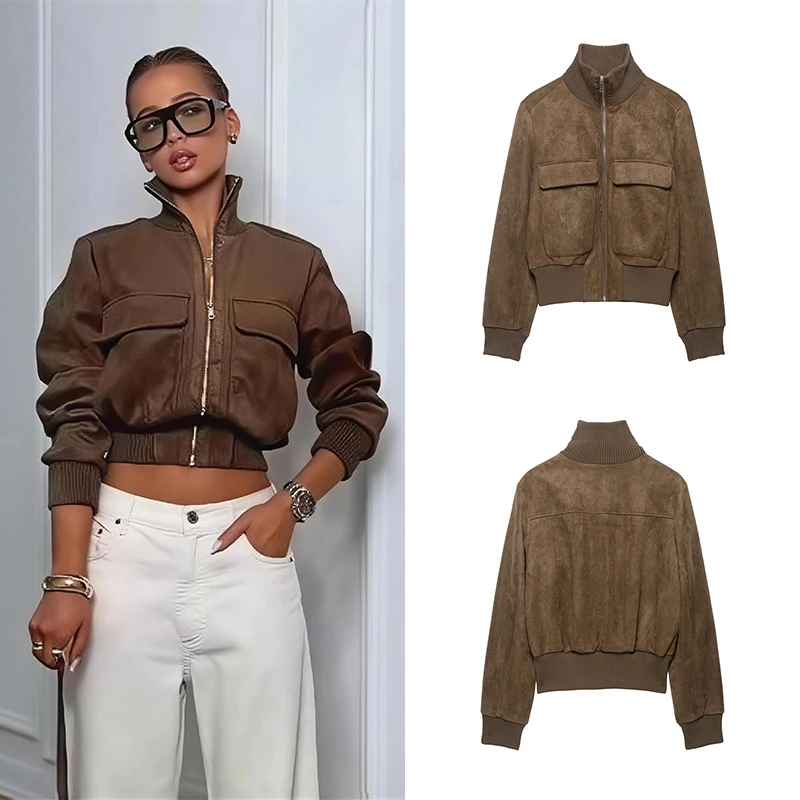 Guobioziy Women's Suede Aviator Jacket 2026 Spring-Autumn Edition European Daily Casual Fashion Trend Classic Retro Street Style