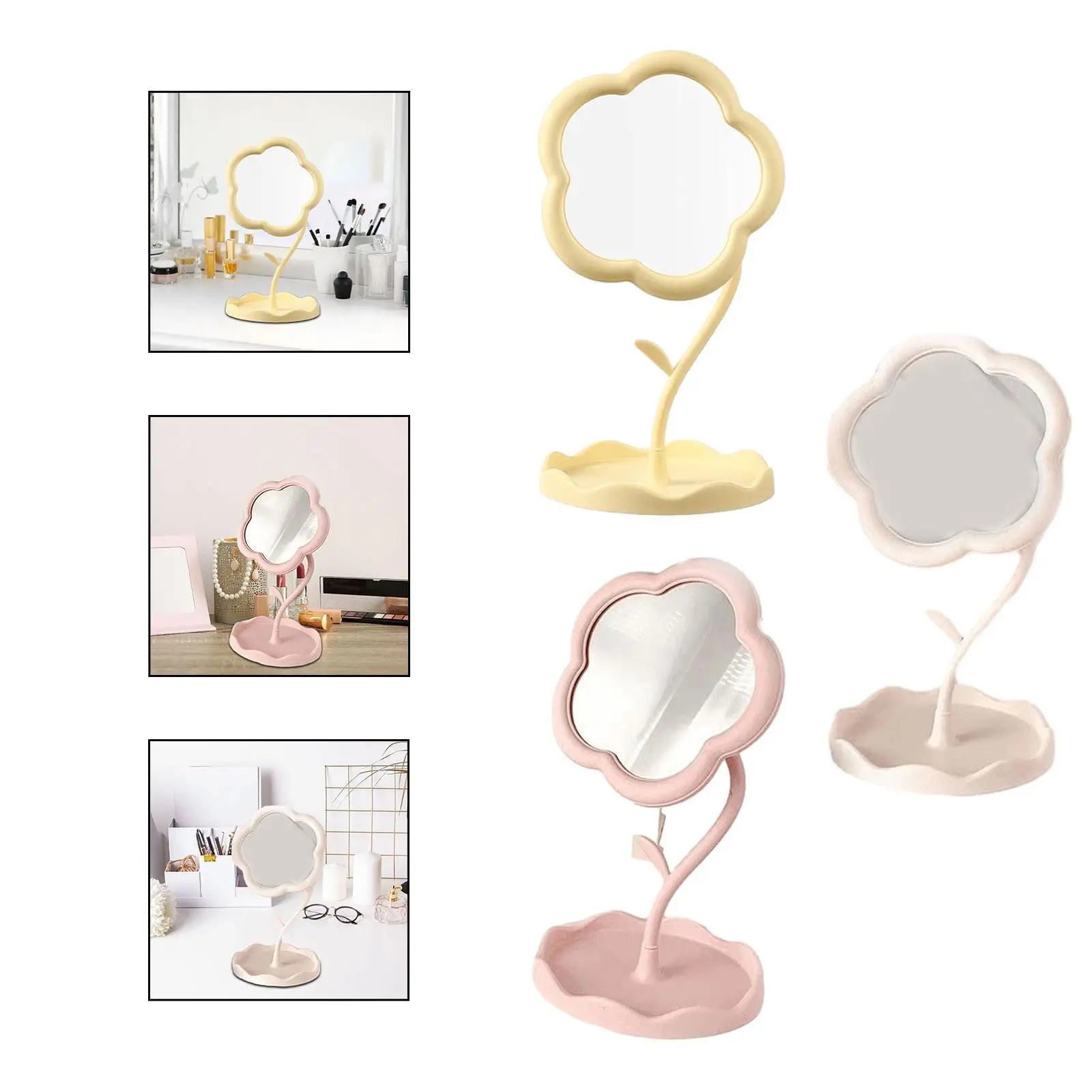 デスク用化粧鏡、ジュエリートレイ付き回転デスクトップミラー、柔軟