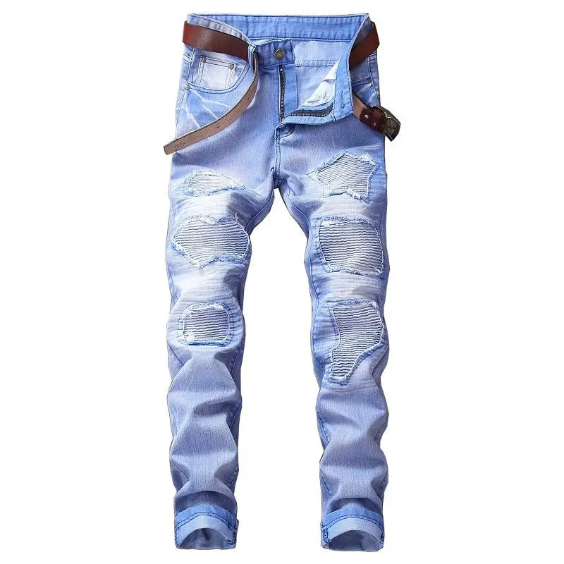 Jeans plissado com furos para motociclista masculino, calça jeans decorativa, casual elegante, azul, branco, vermelho, verde, amarelo, novo, 2024