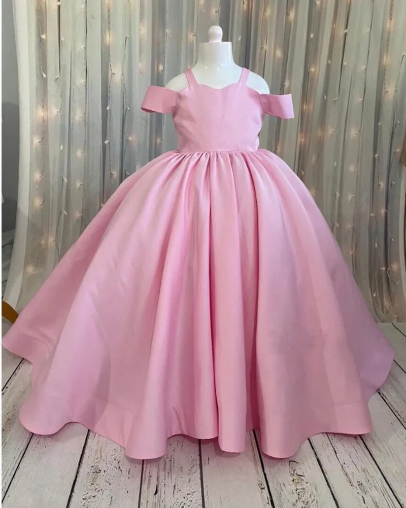 

Pink Satin Flower Girl Dress for Wedding Princess Off the Shoulder Handmade Baby Girl Birthday Party Gown First Communion Dress