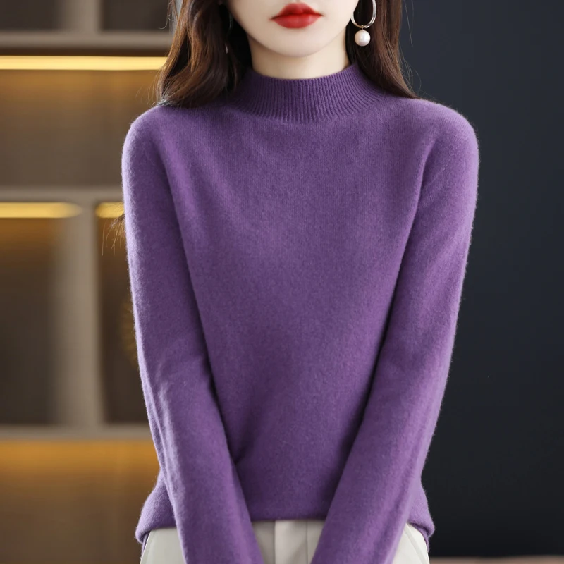 100% Merino pure wool sweater ladies autumn and winter new semi-turtleneck knitted long-sleeved solid color warm sweater