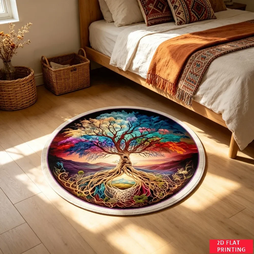 Psychedelic Tree Of Life Rainbow Leaf Pattern Round Carpet For Boho Bedroom Decor With Vibrant Multicolor Printed Carpet Art