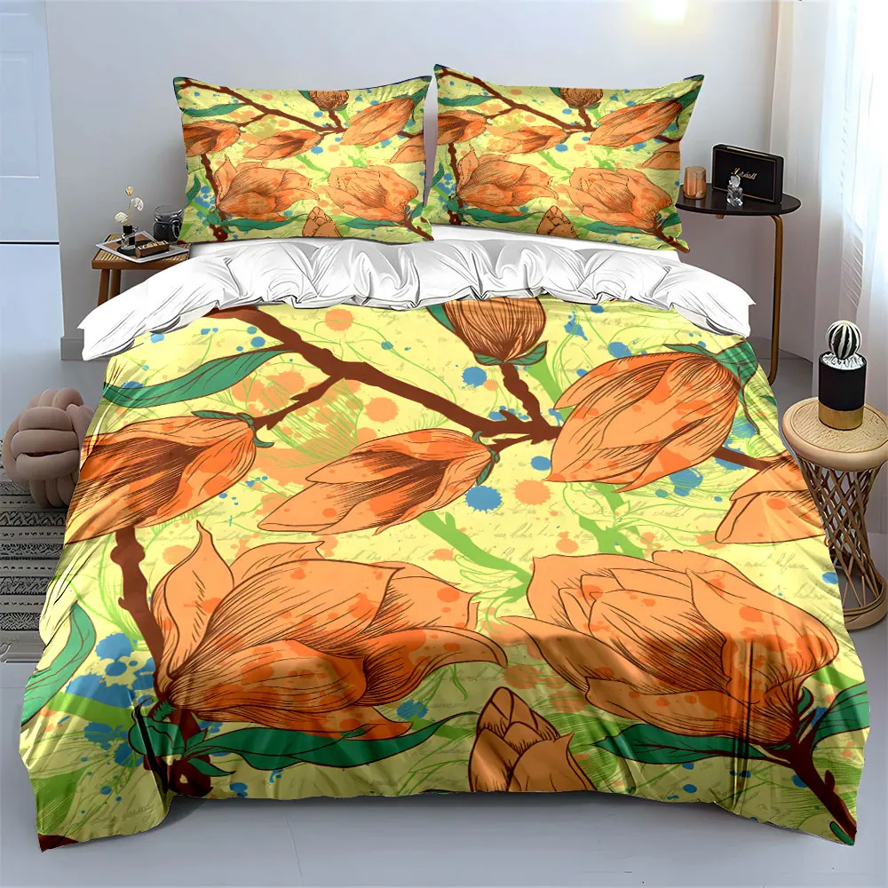 Hand-drawn orange flowers and branches Bedding Set 1 Duvet Cover 2 Pillowcases for Adult and Children Luxury Gift Full Size