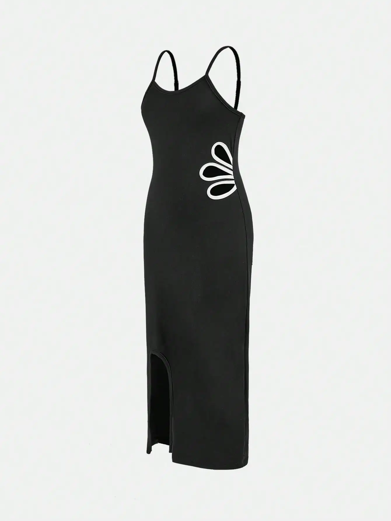 

Black Sleeveless Slit Dress With Floral Cutout Design Slim Fit Streetwear Summer