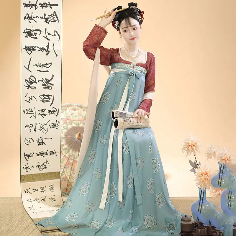 Tang Dynasty chiński styl Vintage bajkowa sukienka Hanfu starożytny tradycyjny kwiatowy nadruk kostiumy księżniczki kobiece słodkie sukienki taneczne