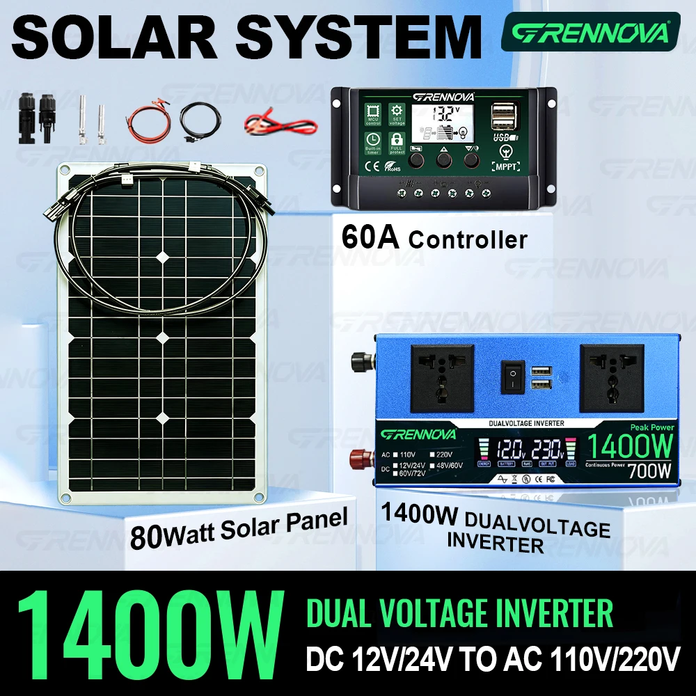 

Solar Power Kit 80W Panel 60A Controller Dual-Voltage Inverter (Peak 1400W Rated 700W) 12/24V To 110V 220V for Small Appliances