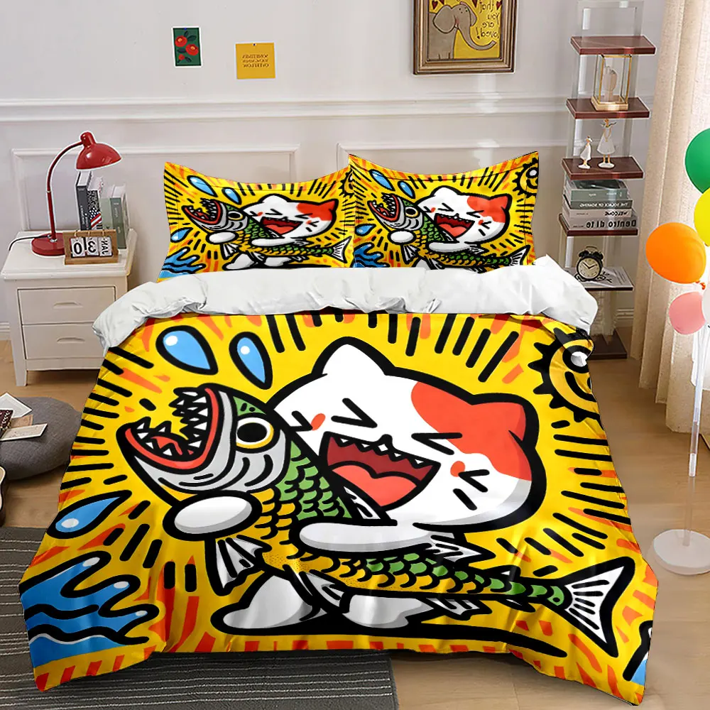 Laughing Cat Holding Big Fish Print Bedding Set 1 Duvet Cover 2 Pillowcases for Adult and Children Luxury Gift Full Size