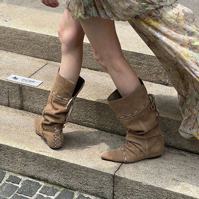 Fashion Pleated Pointed Short Women Boots 2026 Autumn Winter Retro Long Boots Woman Ins Style Belt Pile Boots Female