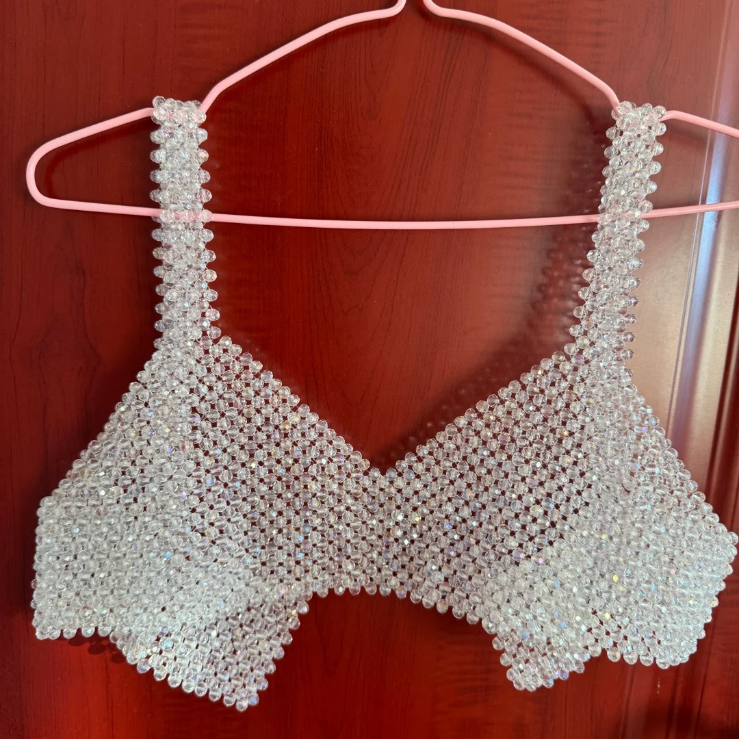 Woman's Cover Up Beaded Bustier Bra Vest Crystal Bra Top Body Bead Halter Bandage Bustier Beachwear Lingerie Woman's Club Rave