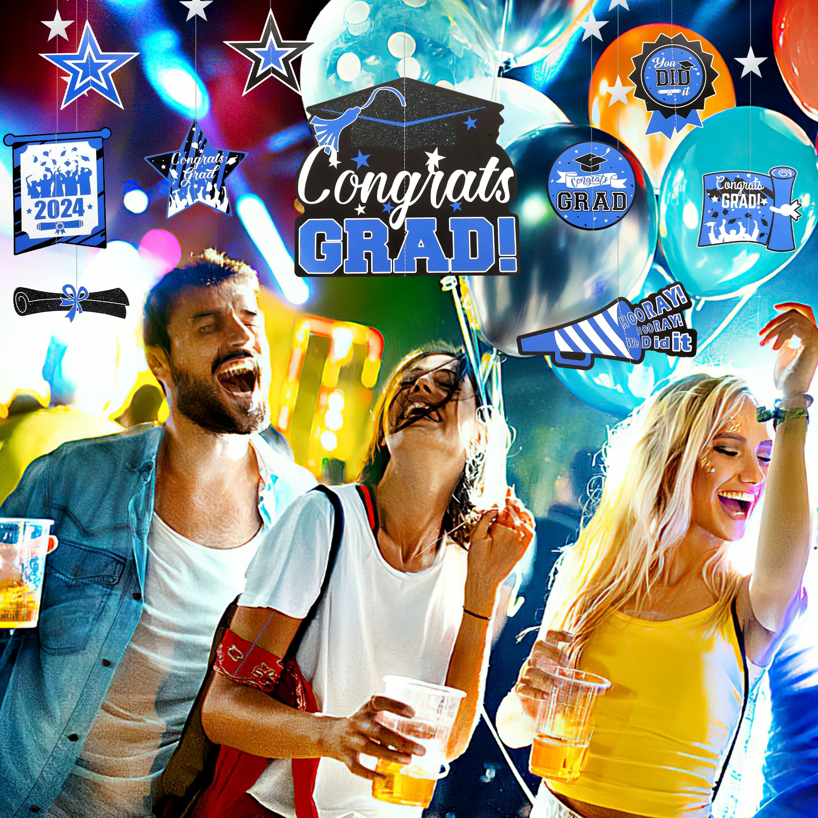 

12 Pcs Party Background Wall Hangings Blue Paper String Graduation naments College Decorations Festive Signs Photo Props