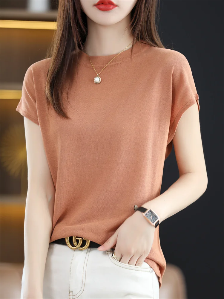 French Sle Ice Silk Knitted ort Sve T-irt Women's Summer Thin round Ne Svel Top oulder Drop T-irt Ladies...