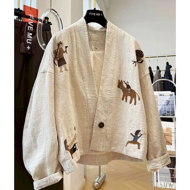 

V-neck Shirts Women Vintage Korean Style Oversized Embroidery Cardigans Long Sleeve Workwear Coats Cropped One Button Women Tops