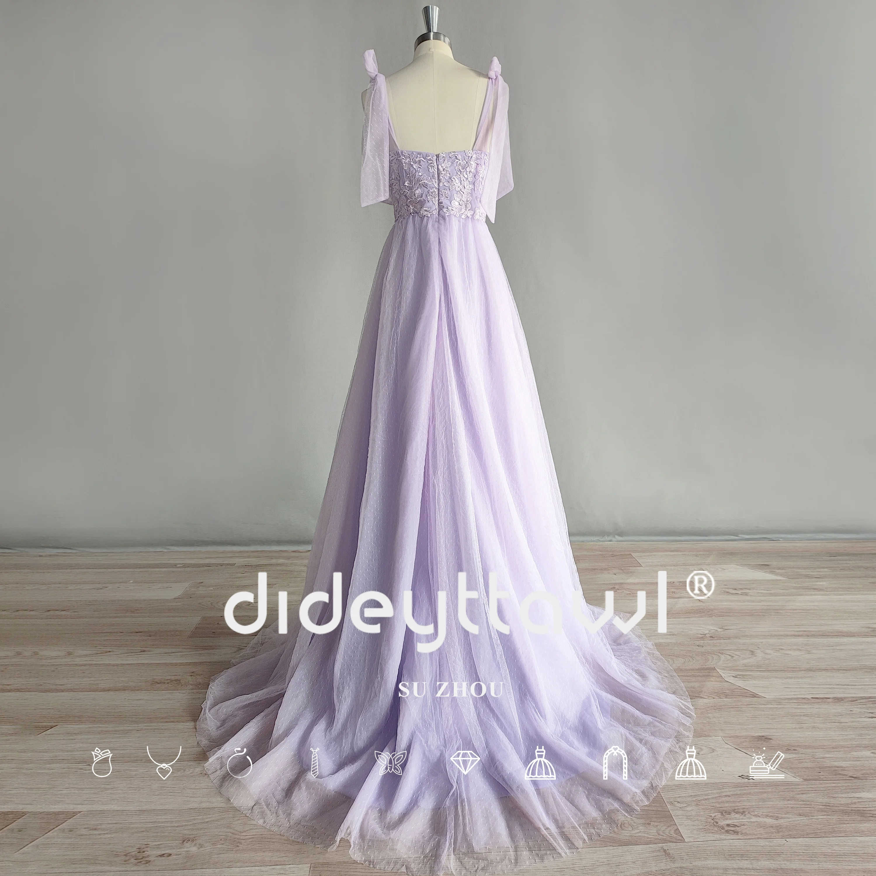 DIDEYTTAWL Lavender Real Photos Spaghetti Straps Tulle Prom Gown Sweetheart Lace Appliques A Line Evening Dress