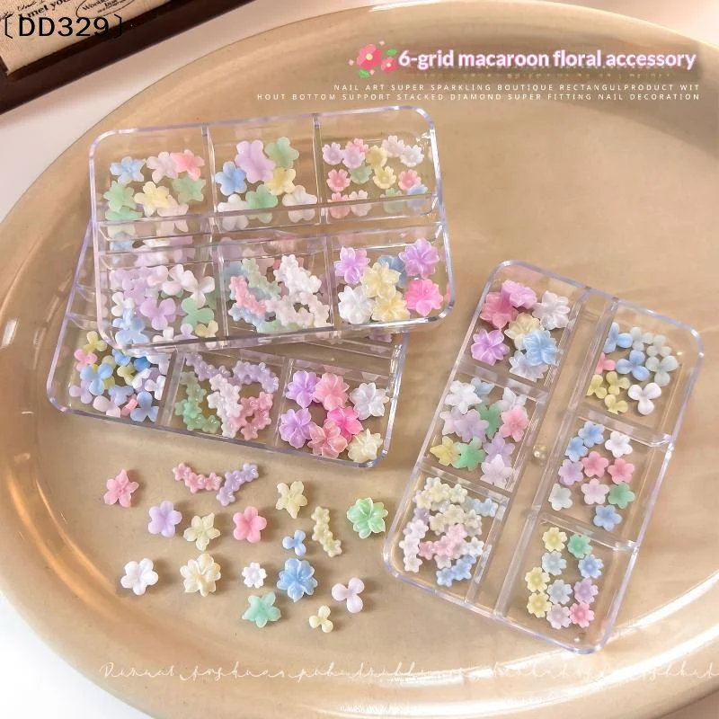 Cute 3D Pastel Macaron Flower Nail Art Charms With 6 Grid Storage Box Perfect For DIY Nail Design Home Salon Use〔DD329〕