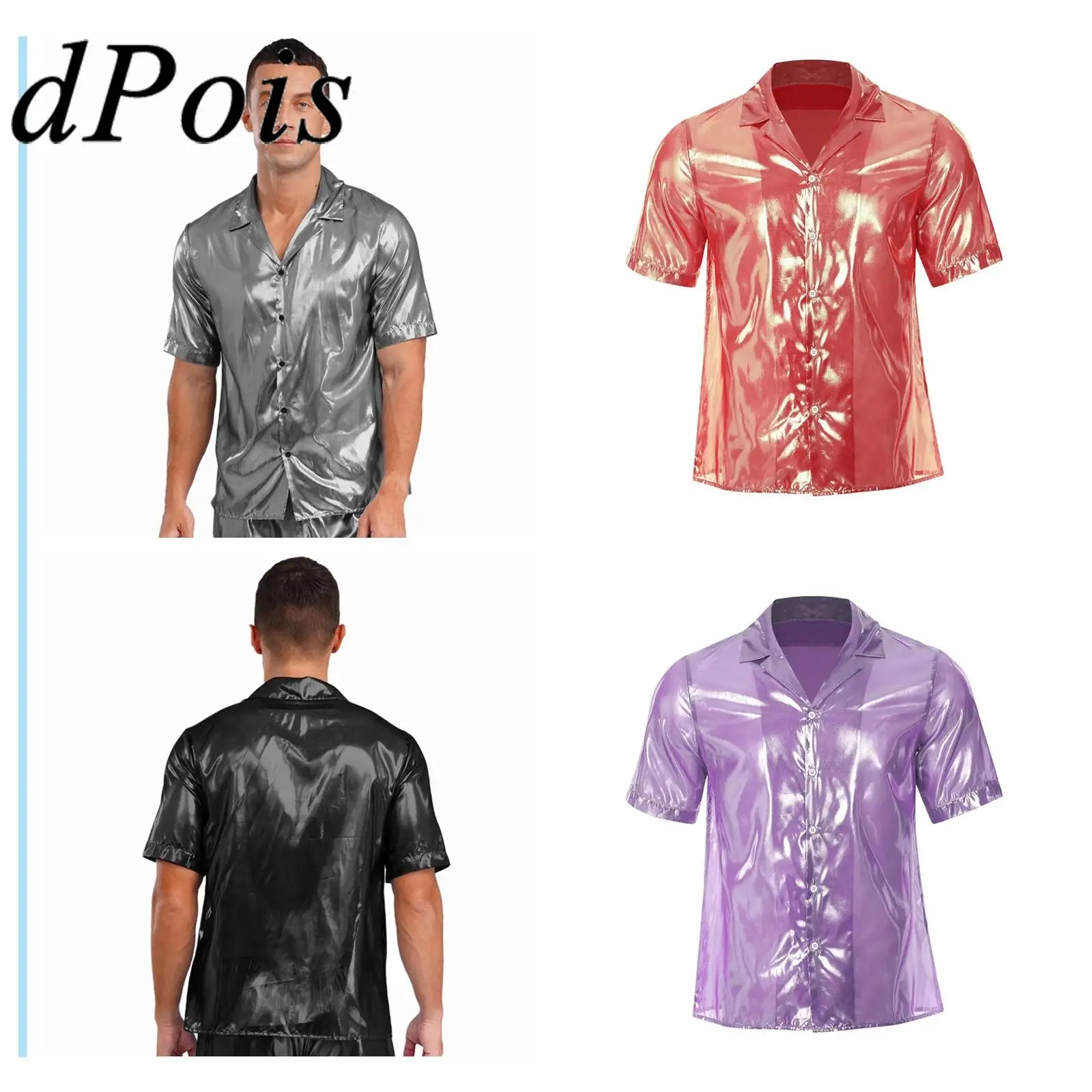 

Mens Button Down Shirts Shiny Short Sleeve Shirt Top Turn-down Collar Water-ripple Shine Blouses Male Beachwear Party Clubwear