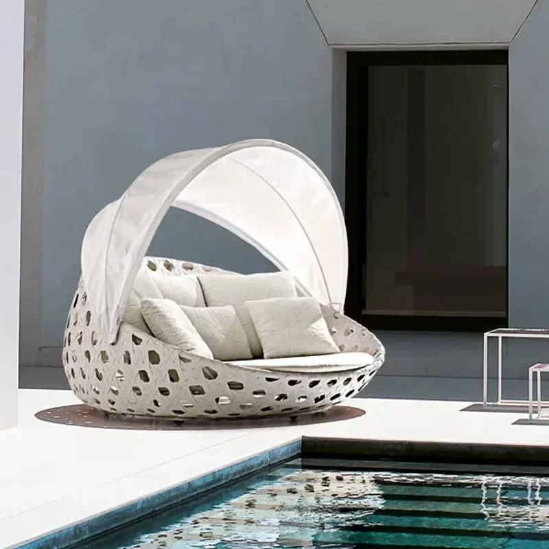 Outdoor rattan chair sofa, round bed, patio sunscreen, balcony rattan art table and chair, terrace, casual bed, rattan furniture