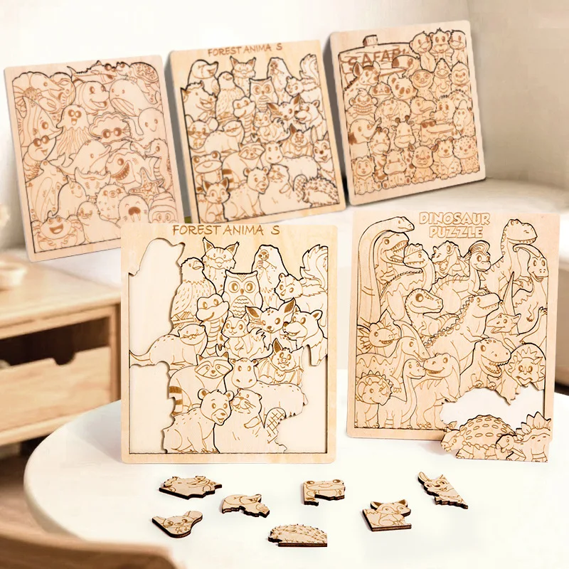 Kids Irregularly Animal Shape Puzzles Wooden Toy Dinosaur Ocean Stacked Jigsaw Intelligence Game Logical Thinking Education Toys
