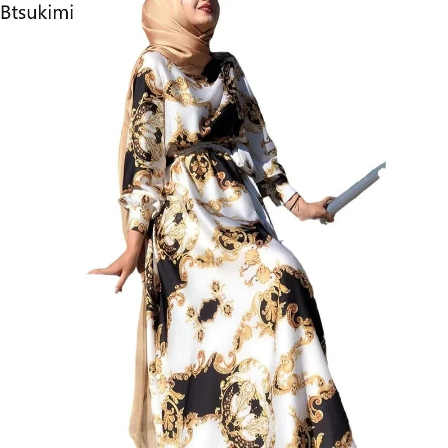 Fashion Muslim Long Dresses Hijab Women Printed Lace-up Slim Maxi Dress Islamic Clothing Mid East Arab Kaftan Robe Vestido Femme 5