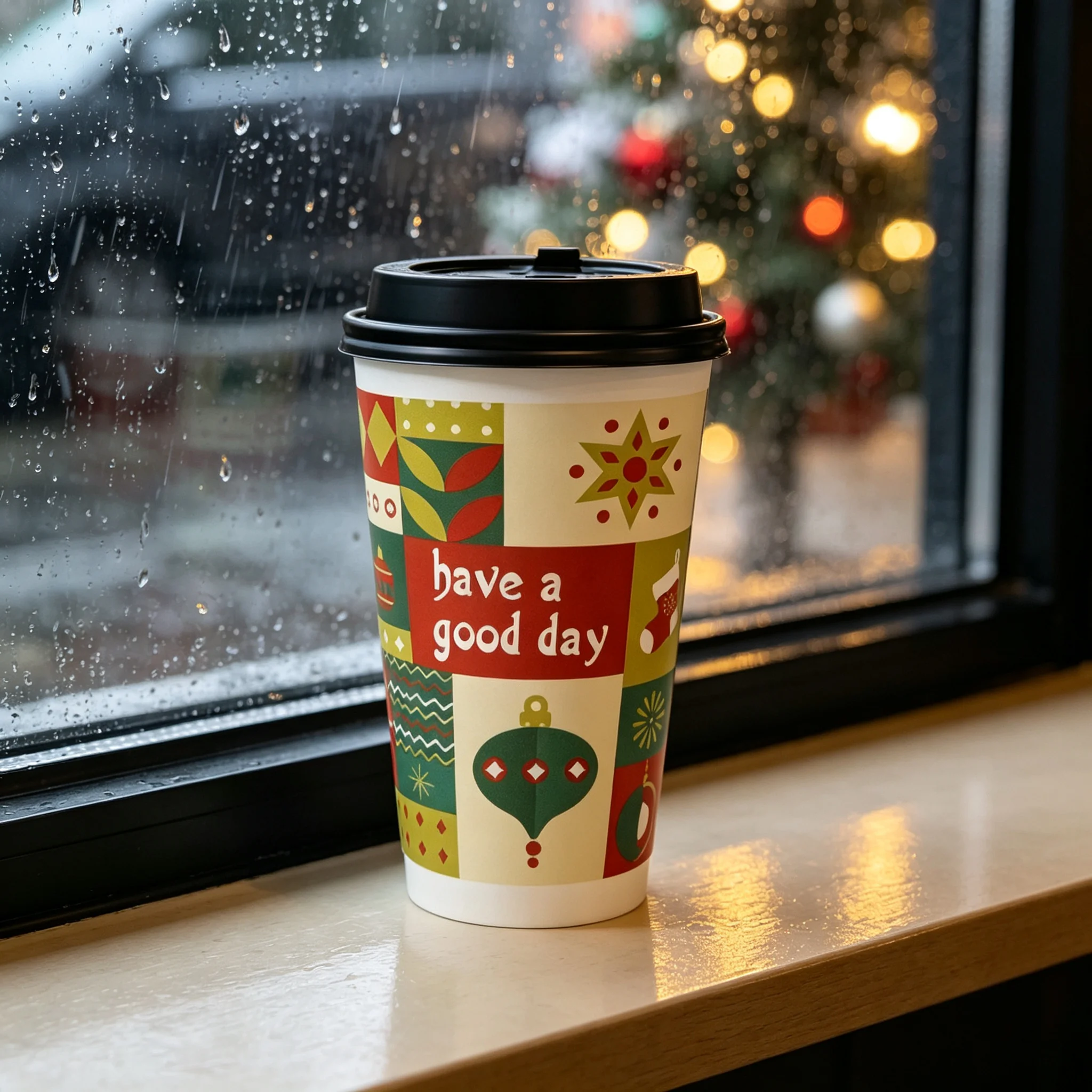 50Pcs16/22A Disposable Paper Cups, Double‑Wall Hollow Hot Coffee Cups, Festive Pattern Paper Cup for Holiday Party Cafe Takeaway view 6