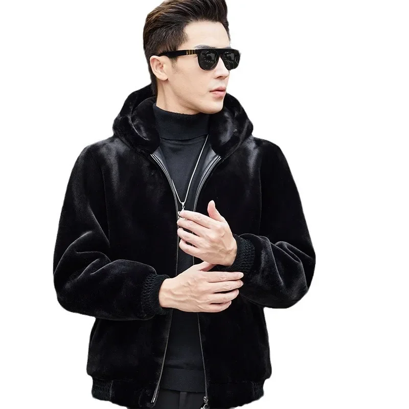 2025 Men's faux fur all-in-one jacket, thick winter, thermal hooded, faux mink fleece fur jacket