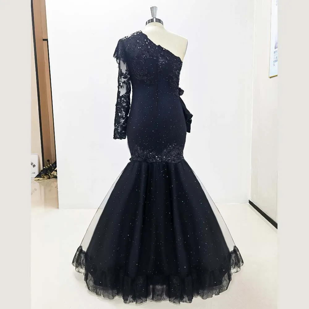 Muslimische eine Schulter schwarze Abendkleider lange formale Spitze Robe de Soiree arabische Couture lange Ärmel Festzug Kleider Vestido