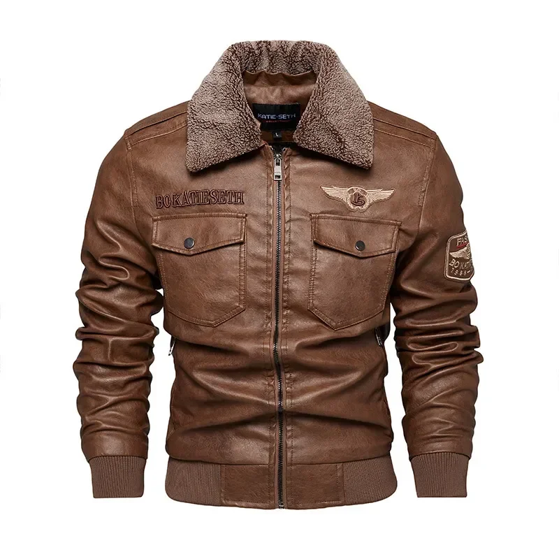 Men's Leather Jacket Casual Slim-fit Motorcycle PU Leather Jacket Outdoor Stand Collar Wool Warm Large Tactical Jacket