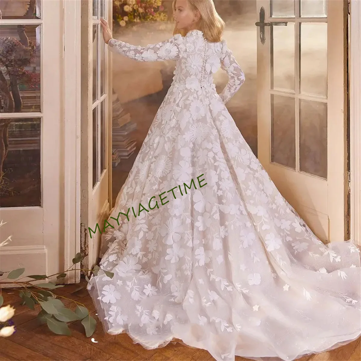 Luxury White Girl Dress 3D Flowers Princess Dubai Kids Wedding Birthday Communion Party Elegant Evening Gown 2024