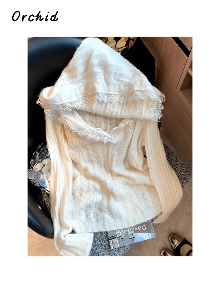 2025 Winter Casual Sexy Knitting Long Sleeve Lace Hooded Pullovers Korean Fashion Women Hotsweet Coquette Sheath White Sweater