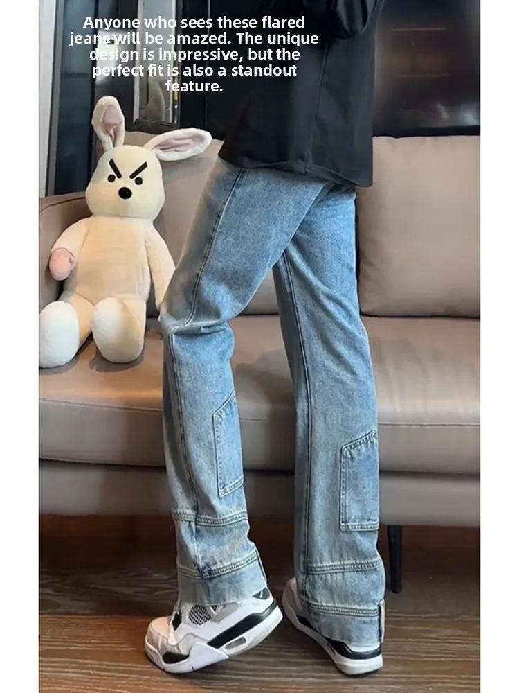 

Blue Straight Leg Men's Jeans High Rise Waed Denim Autumn Wear Street Sle Vibe Micro Flared Trousers Youth Faion