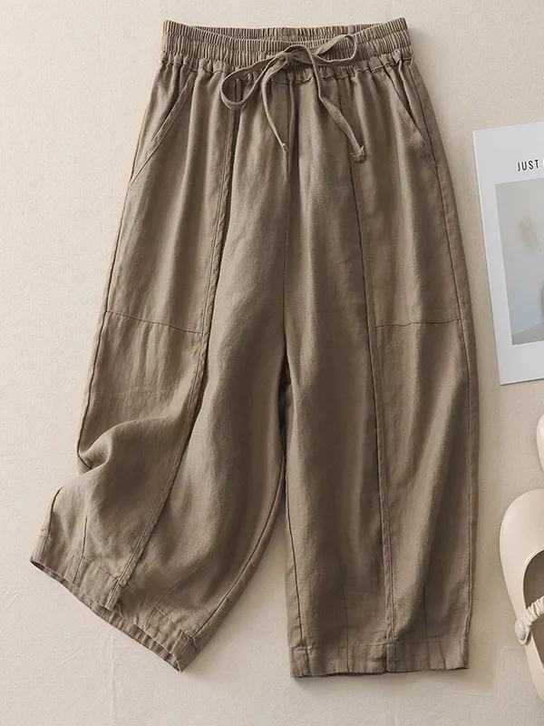 Pantalones informales de pierna ancha para mujer, pantalones holgados de verano con cintura elástica, mosaico 3D de algodón y lino, pantalones de calabaza de siete cuartos