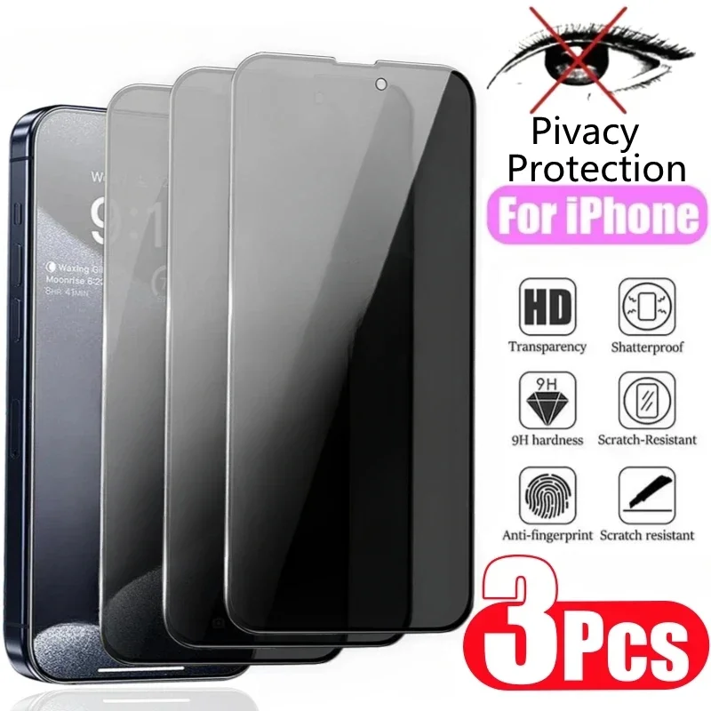 3Pcs Full Cover Privacy Screen Protector For iPhone 11 12 13 14 15 Pro Max Anti-spy Glass For iPhone 11 13 14 15 Pro Max Glass