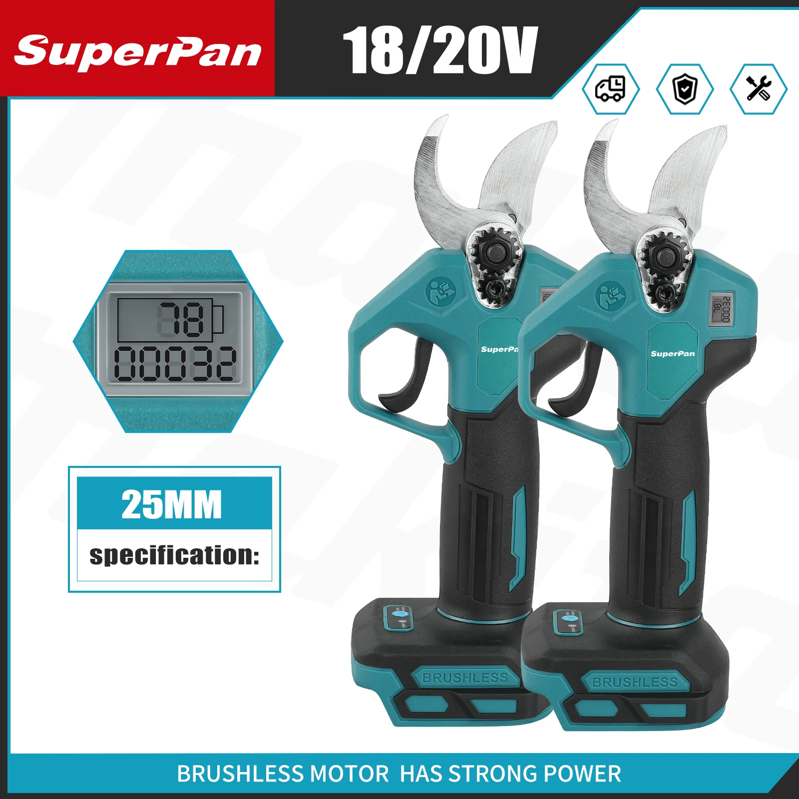 

Superpan 2.5cm Cutting Brushless Electric Pruning Shears with LED Screen SK5 Steel Blade Scissors For Makita 20v Battery Pins