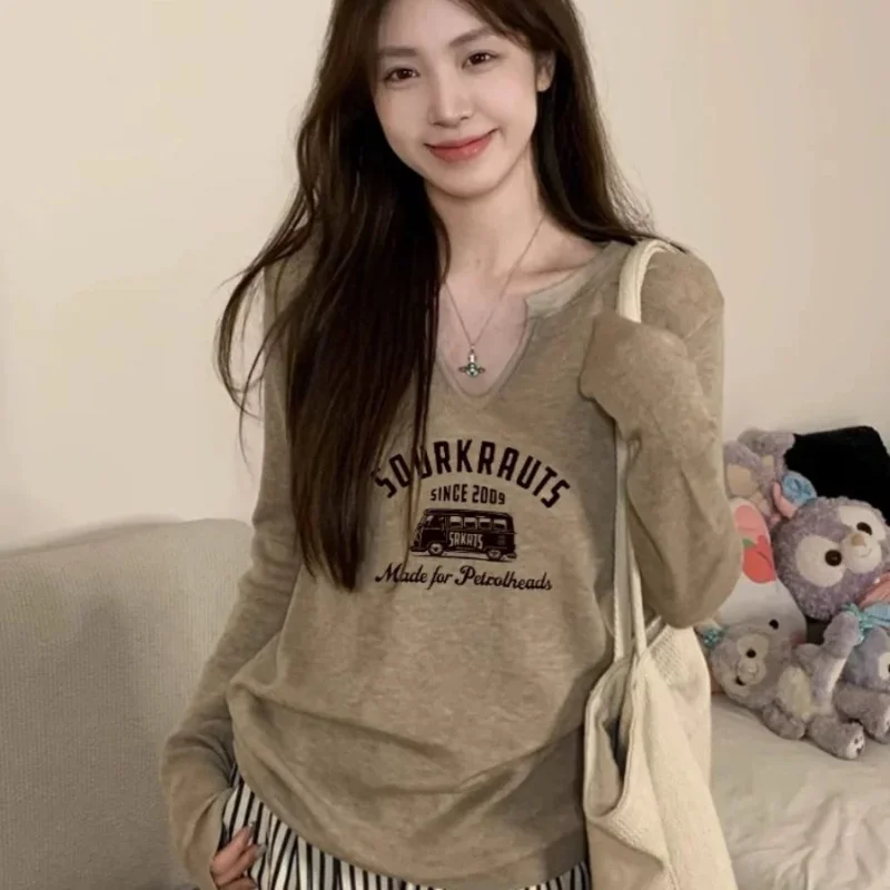 

V Neck Layering Top Women Early Autumn New Long Sleeve T Shirt Elegant Knit Blouse