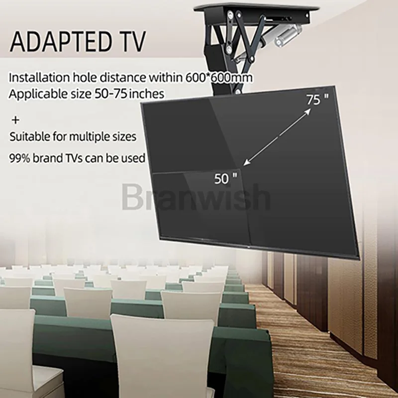 

50-75" Ceiling TV LIFT Electric Remote Control Rotating Bracket Support Motorized Stand Adjustable Mount Wall Monitor Holder