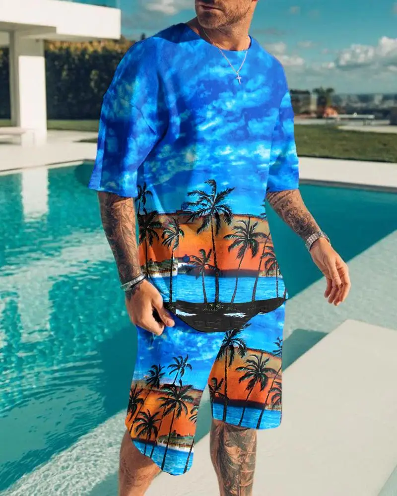 Tuta da uomo hawaiana paesaggio da spiaggia o-collo maniche corte pantaloncini 2 pezzi abbigliamento sportivo t-shirt moda uomo abbigliamento Casual