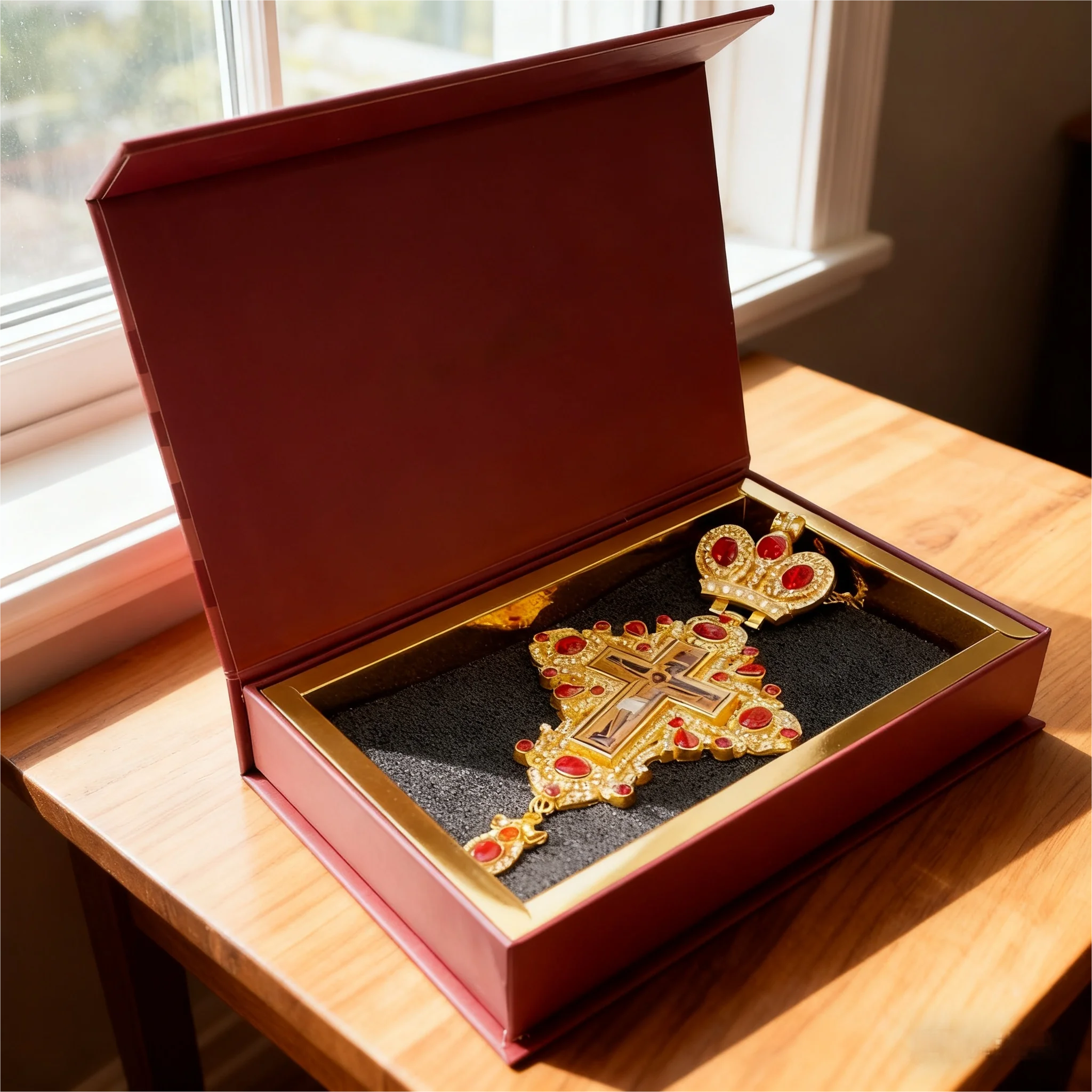 

HTISOK 7.1" Crown Top Eastern Orthodox Cross Pendant Gold Plated, Red Blue Green Gemstones and Rhinestones, Gift Box for Priest