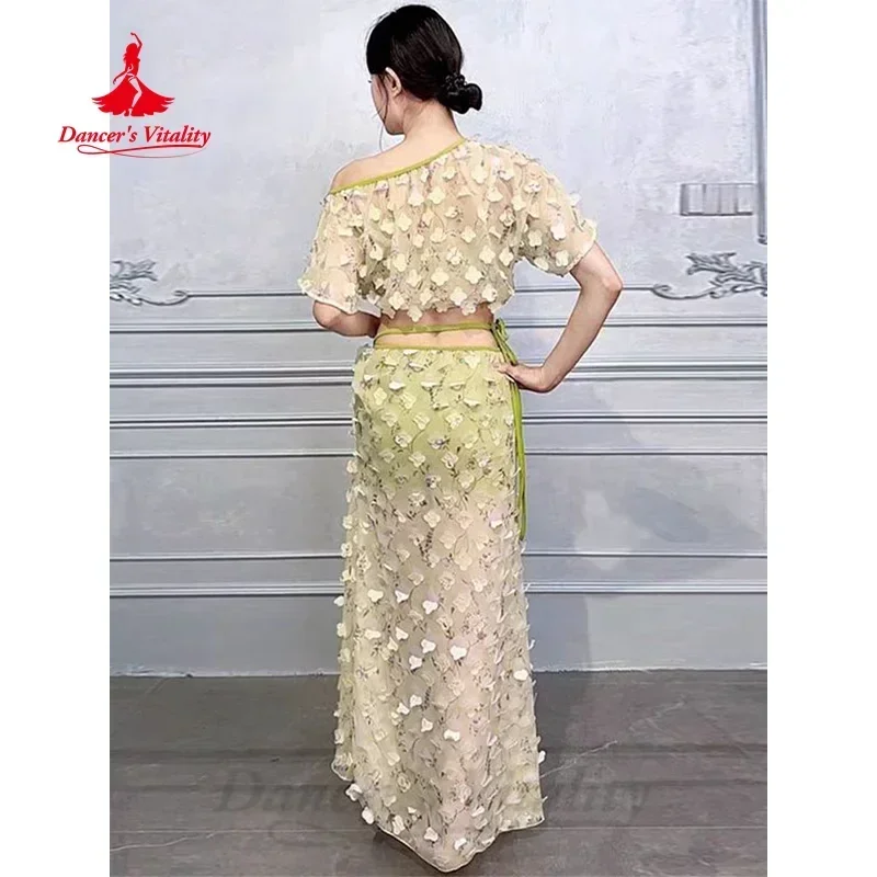 Belly Dancing Practice Clothes Slanted Shoulder Top+Sexy Split Long Skirt 2pcs Oriental Dance Professional Training Clothing