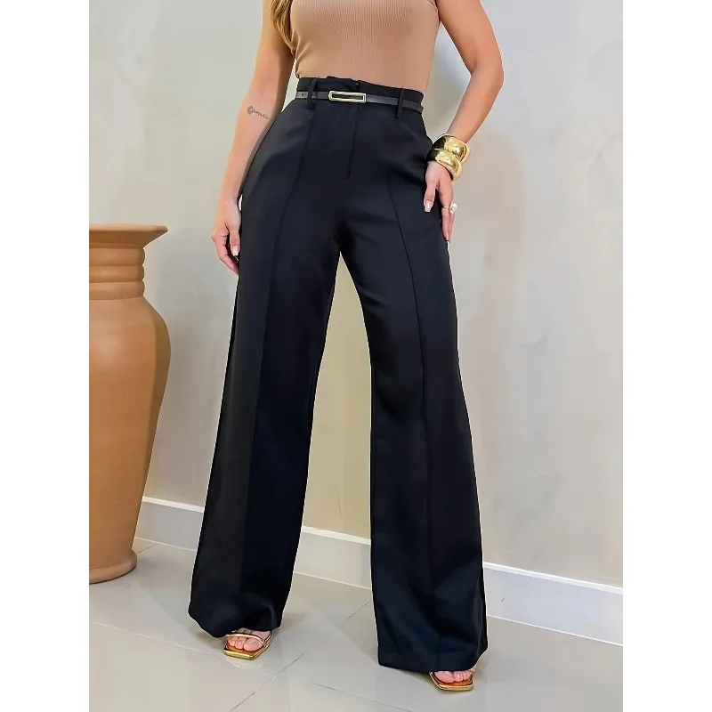 แฟชั่นเสื้อผ้าผู้หญิงไซส์ใหญ่ กางเกงสูทขายาวทรงตรงเอวสูง ผ้าพลิ้วสวยหรู สไตล์ลำลอง