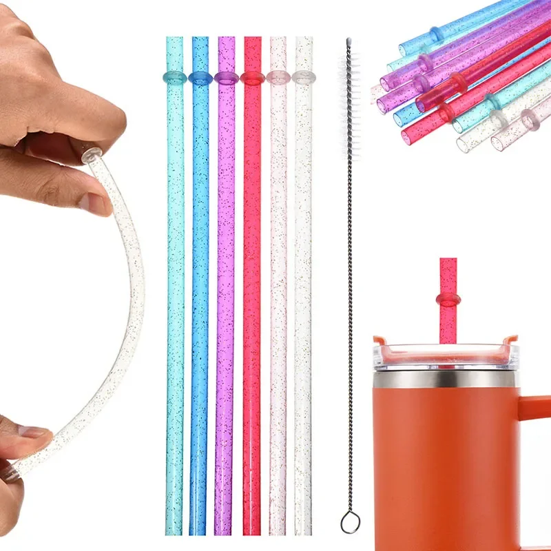 Pajita de plástico reutilizable con tubo de purpurina, pajita gruesa y dura de 23cm con cepillo de limpieza para decoraciones de vasos, 12 Uds.