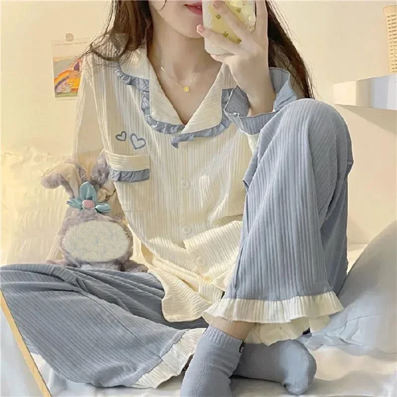 Cute Pajama Woman Winter Autumn Sleepwear Lady Long Sleeve Tops Pants 2 Piece Pyjamas Solid Lingeries Sets for Women Nightwear