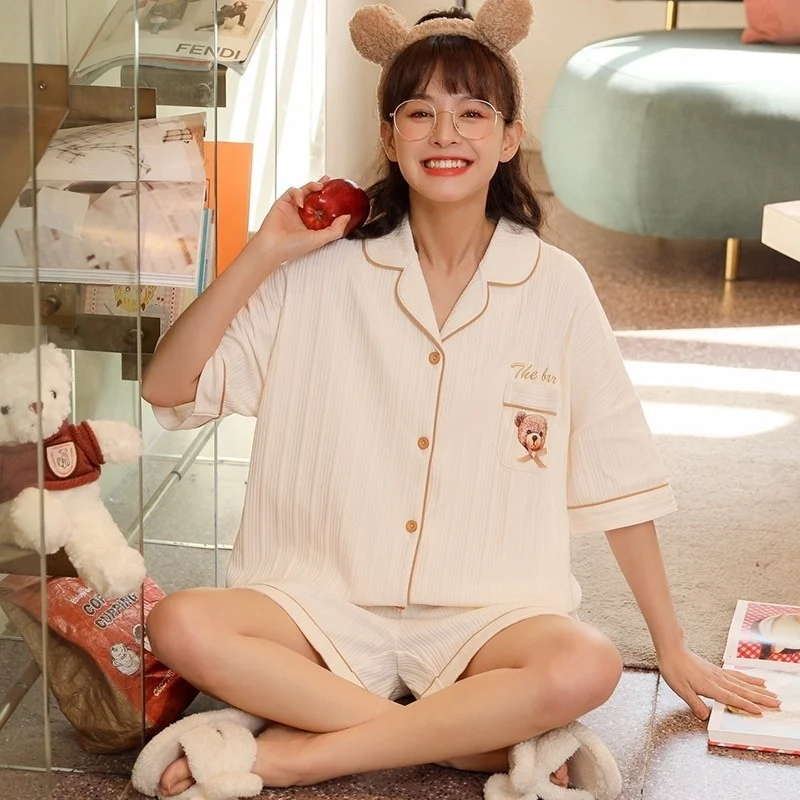 summer cardigan pure cotton short sleeved two-piece and lovely cartoon women's home clothes can be worn outside