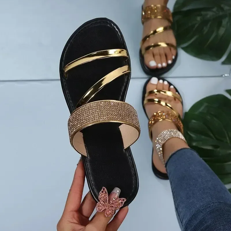 Sandalias planas con diamantes de imitación para mujer, zapatos informales brillantes, a la moda, para la playa