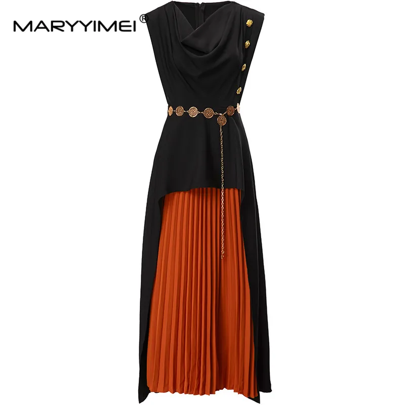 

MARYYIMEI Fashion Design Spring Summer women's Sleeveless Pile Collar Button Lace-UP Pleated Splicing Streetwear Long Dresses