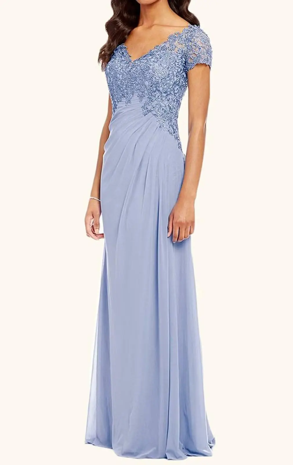 

Women's V-Neck Lace Appliques Mother of The Bride Dress Beaded Chiffon Evening Gown with Sleeves