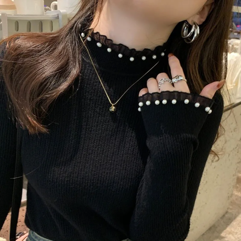 Feminino sólido meia gola alta jumper femme casual rendas pullovers camisola 2025 outono inverno fino básico malhas novo magro topos